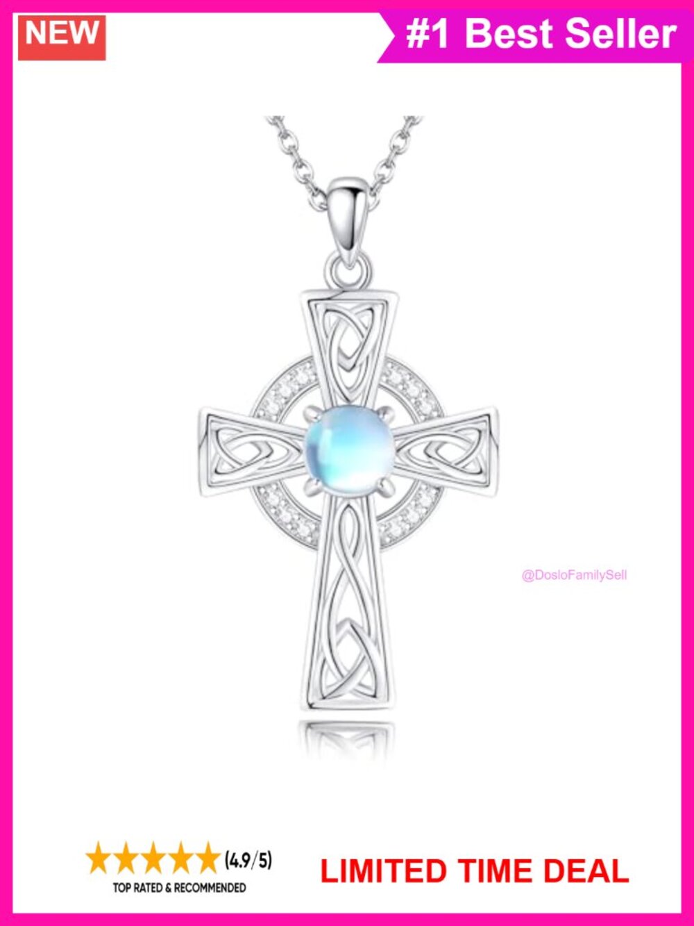 Celtic Cross Necklace 925 Sterling Silver Moonstone Pendant 18 Inch